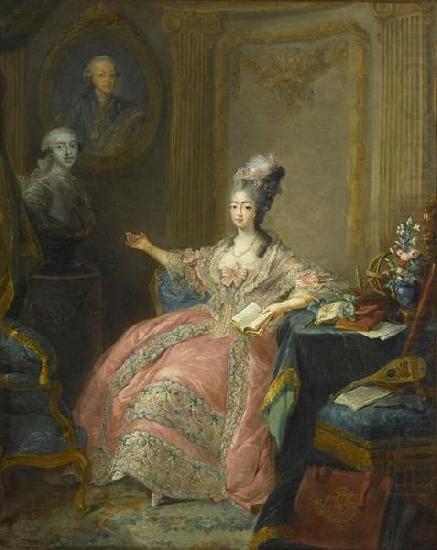 Portrait of Marie Josephine of Savoy Countess of Provence pointing to a bust of her husband overlooked by a portrait of her father, unknow artist